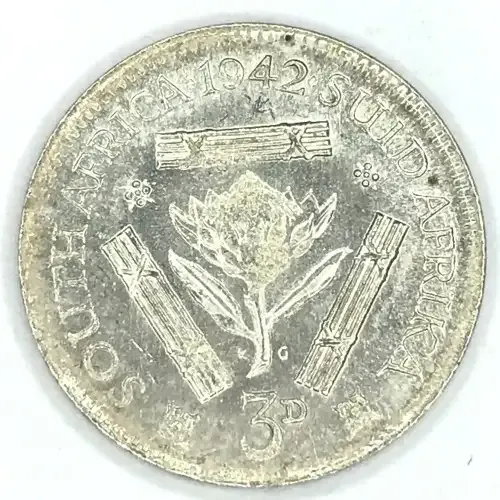 1942 SA Union Threepence tickey - AU - bad strike protea