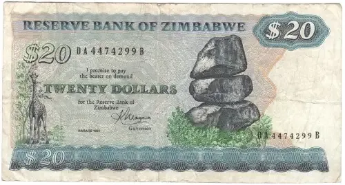 Zimbabwe 20 dollars 1983 banknote - well used - bird watermark
