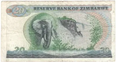 Zimbabwe 20 dollars 1983 banknote - well used - bird watermark