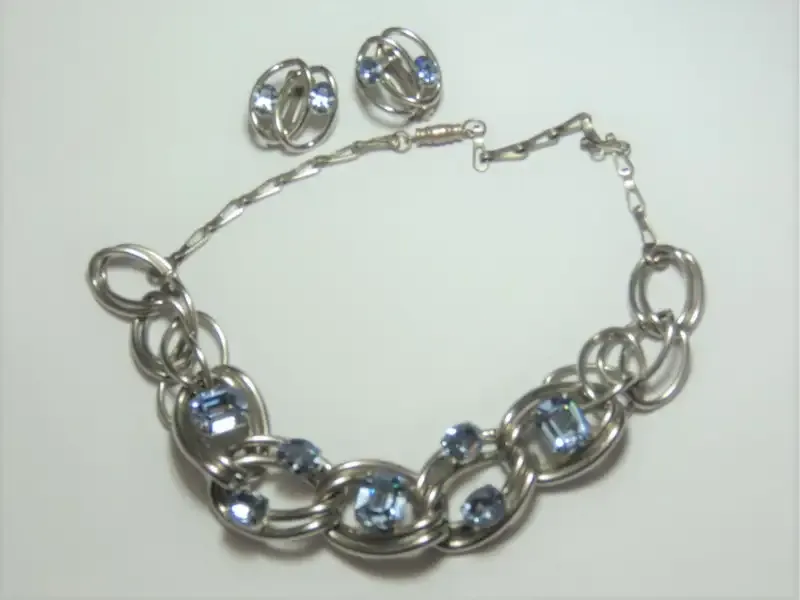 Set of costume jewellery necklace and clip-on earrings with blue stones