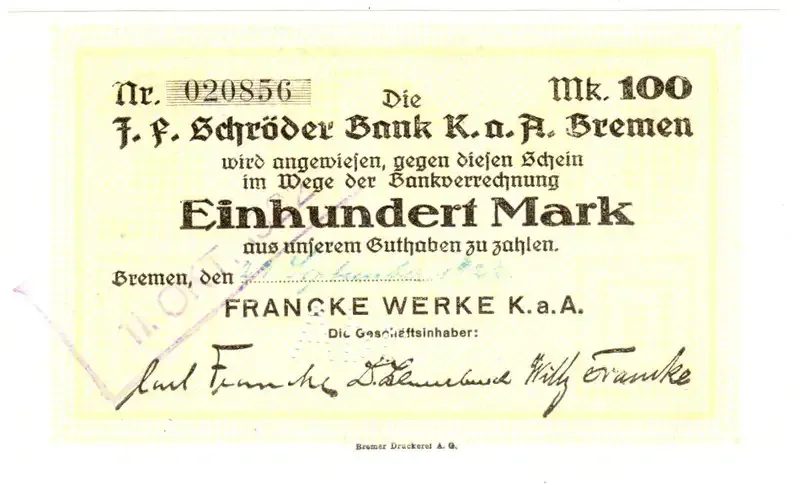 Germany notgeld 100 Mark - 1922 cancelled Abr