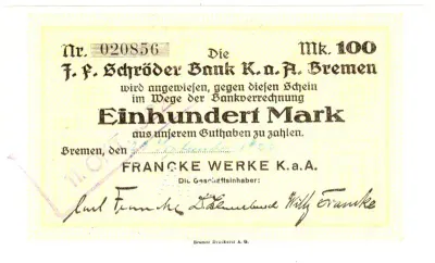 Germany notgeld 100 Mark - 1922 cancelled Abr