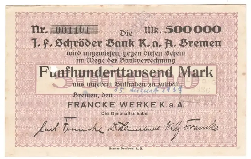 Germany 500000 Mark Bermen Notgeld 1923 - cancelled with star