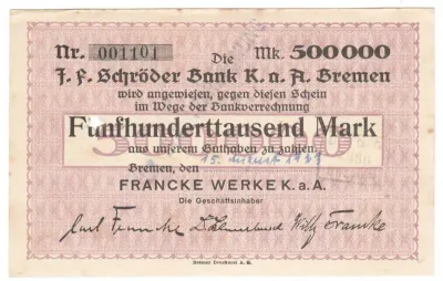 Germany 500000 Mark Bermen Notgeld 1923 - cancelled with star