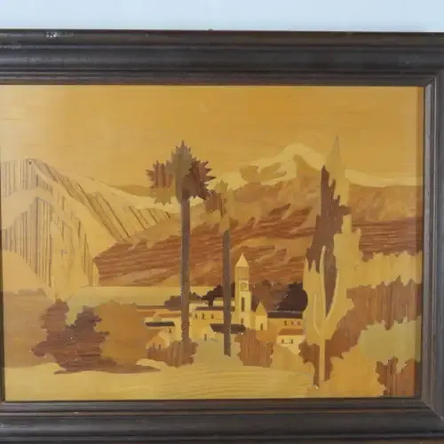 Framed wooden artwork - Small town in valley
