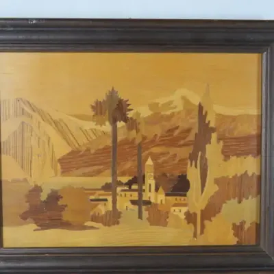 Framed wooden artwork - Small town in valley