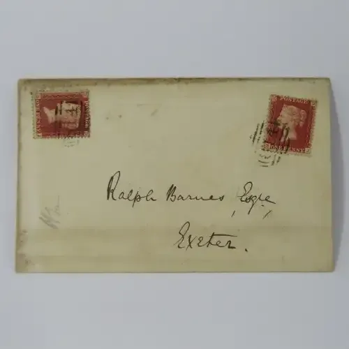 Great Britain cover with pair of penny red stamps - adressed to Ralph Barnes of Exeter backstamped