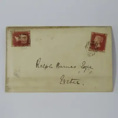 Great Britain cover with pair of penny red stamps - adressed to Ralph Barnes of Exeter backstamped