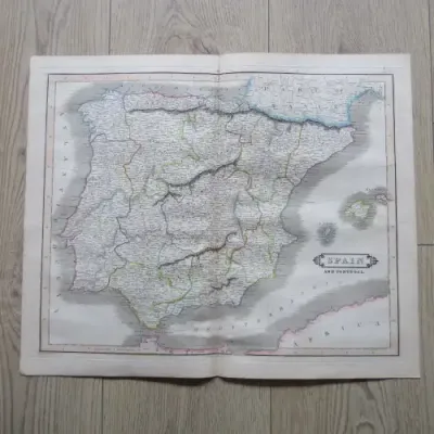 Original 1830`s map of Spain &amp; Portugal - published by W.H. Lizars, Edinburgh - 57 x 47cm