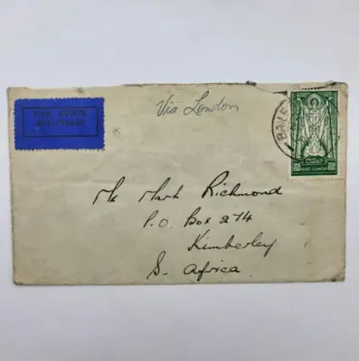 Air mail cover from Baile-Atha-Cliath Ireland to Kimberley South-Africa - See description