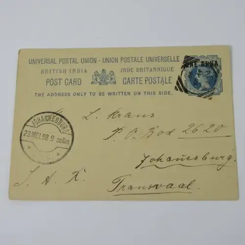 Preprinted post card with One Anna printed stamp sent from Aden 29 April 1898 to Johannesburg