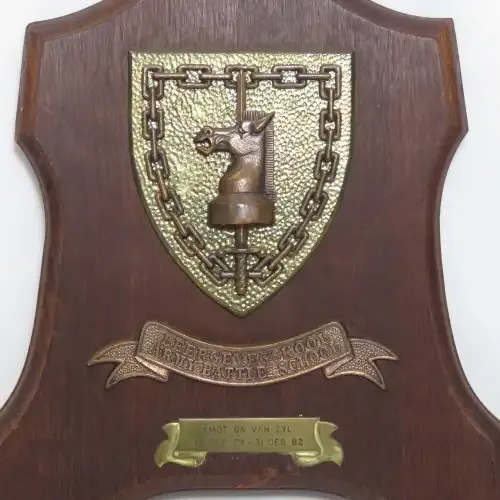 SADF Army Battle School plaque issued to Commandant GA van Zyl 1979-1982