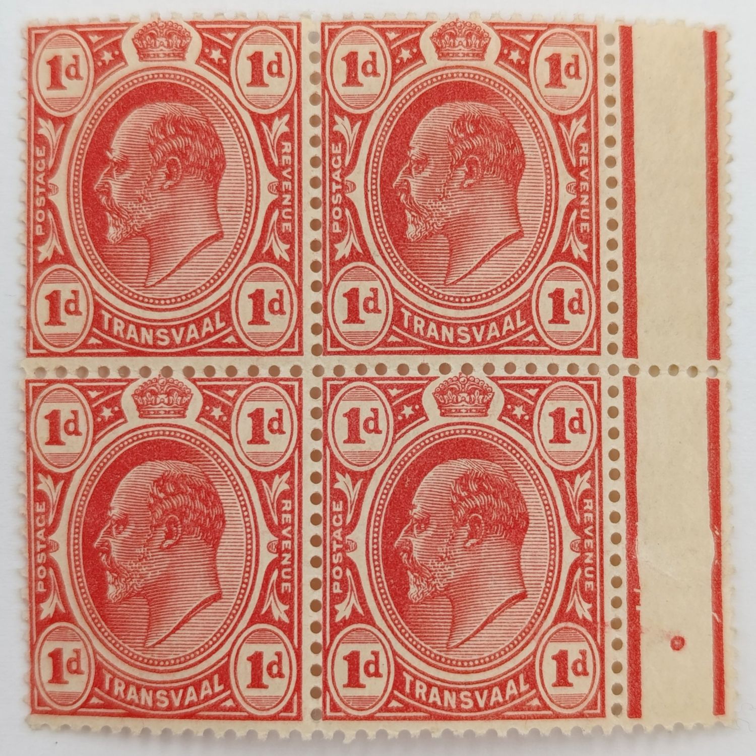 Transvaal 1d block of 4 mint stamps SACC 280 Crown and SA WMK Yellow gum