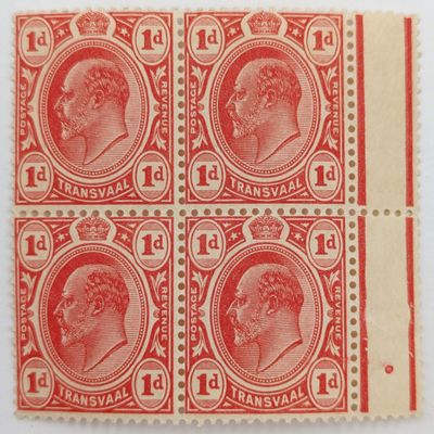 Transvaal 1d block of 4 mint stamps SACC 280 Crown and SA WMK Yellow gum