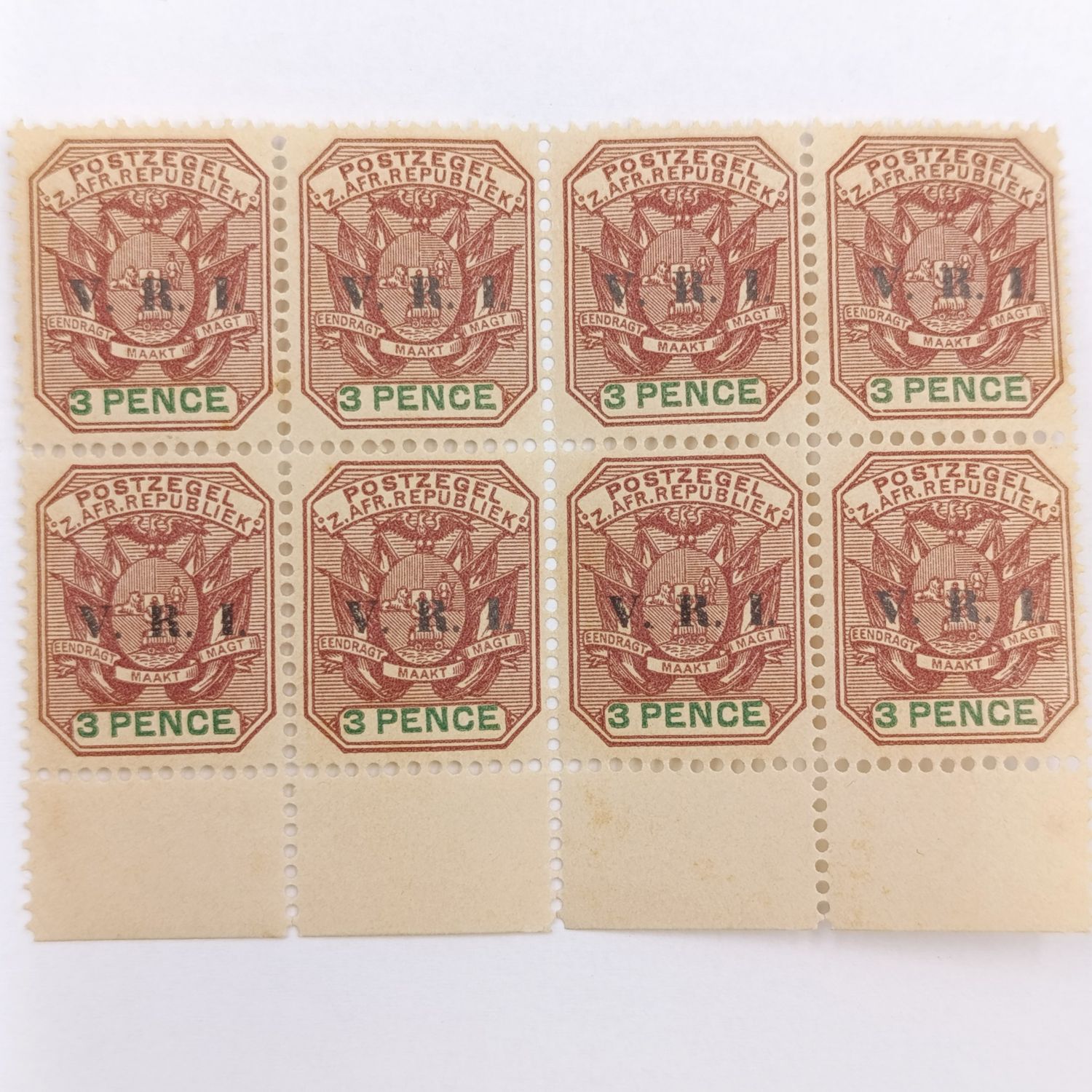ZAR 1900 block of 8x3 Pence stamps with V.R.I overprint - mint SACC 236