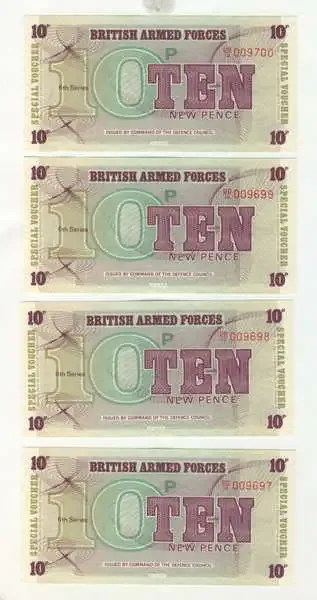 Lot of 8 6th series British Armed Forces 10 pence notes - uncirculated with consecutive numbers