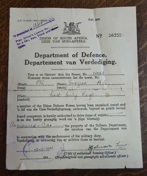 WW2 Competence Certificate to drive Armoured car issued to HC Grozier on 12-9-194