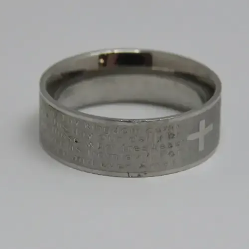Icon stainless steel mens ring with `Our Father` prayer and cross