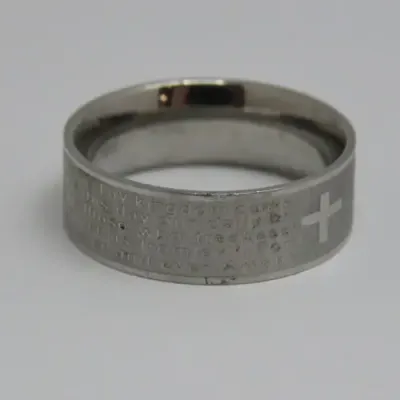 Icon stainless steel mens ring with `Our Father` prayer and cross