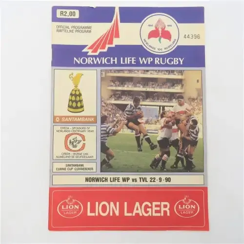 WP Rugby official programme - Norwich Life WP vs Transvaal - 22 Sept 1990