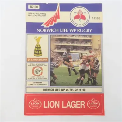WP Rugby official programme - Norwich Life WP vs Transvaal - 22 Sept 1990