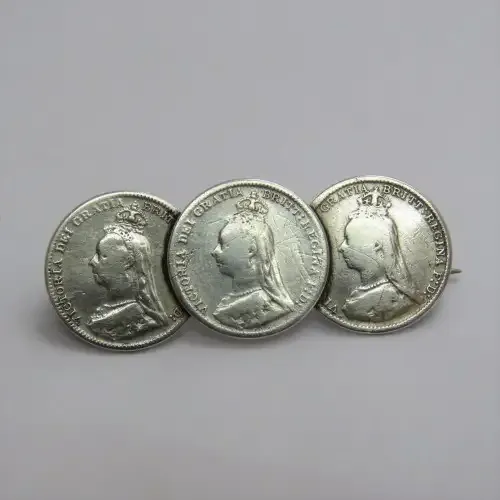 Antique sweetheart brooch made of 3 Victorian silver 3 pence coins