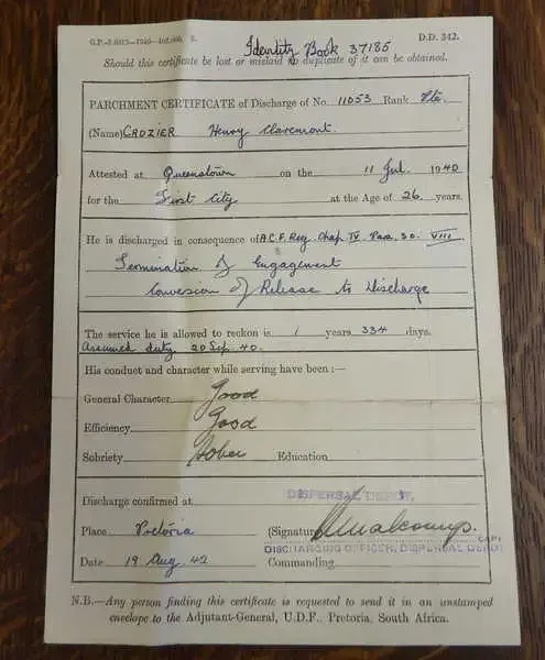 Union Defence Force discharge certificate after 2 years of service for HC Grozier