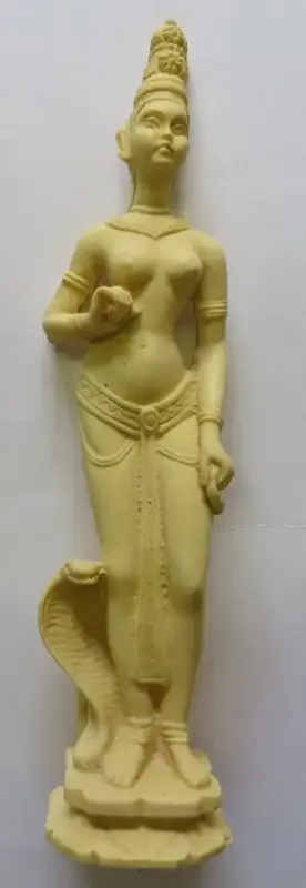 Siam Resin figurine of lady holding a cobra by its tail and small elephant