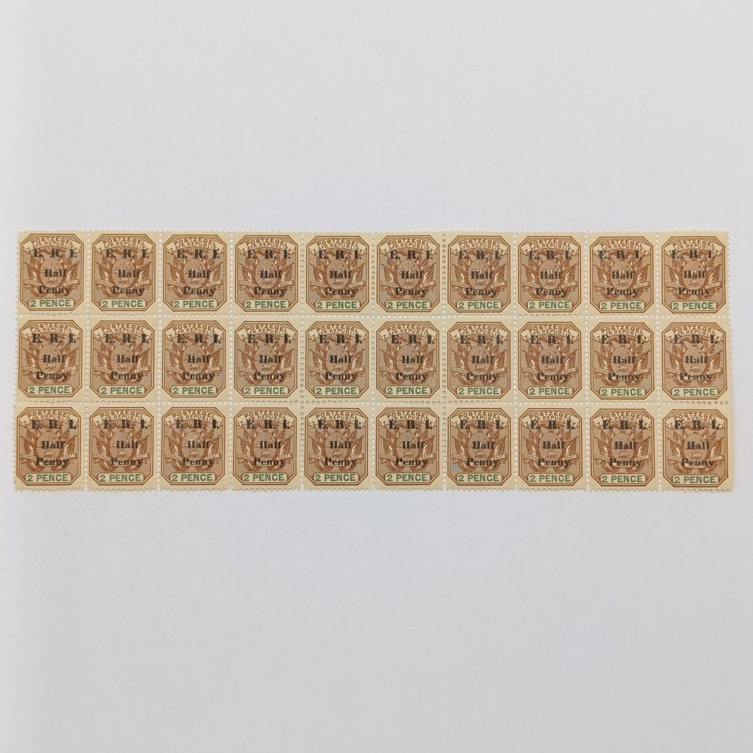 ZAR 1901 E.R.I. overprinted Half Penny on 2 Pence block of 30 mint stamps variations. Top Left Brohen E and R Top Right Brohen E some torn perfs SACC 249
