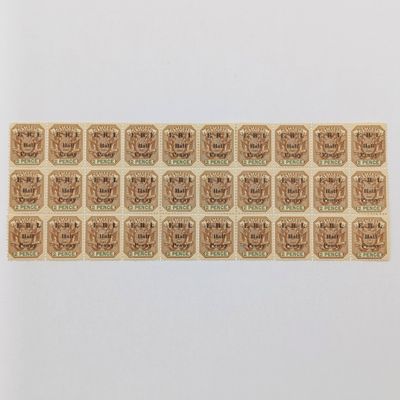 ZAR 1901 E.R.I. overprinted Half Penny on 2 Pence block of 30 mint stamps variations. Top Left Brohen E and R Top Right Brohen E some torn perfs SACC 249