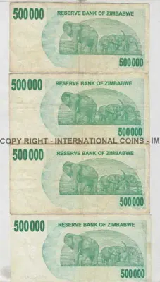 Lot of 7 Zimbabwe 2007 series 5 hundred thousand dollar notes prefix AA, AB, AC, AD, AE, AF, AG