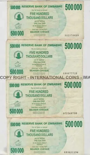 Lot of 7 Zimbabwe 2007 series 5 hundred thousand dollar notes prefix AA, AB, AC, AD, AE, AF, AG