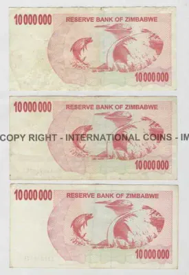 Lot of 9 Zimbabwe banknotes - Ten million dollars with prefix AR, AS, AT, AU, AV, AW ,AX, AY ,AZ!