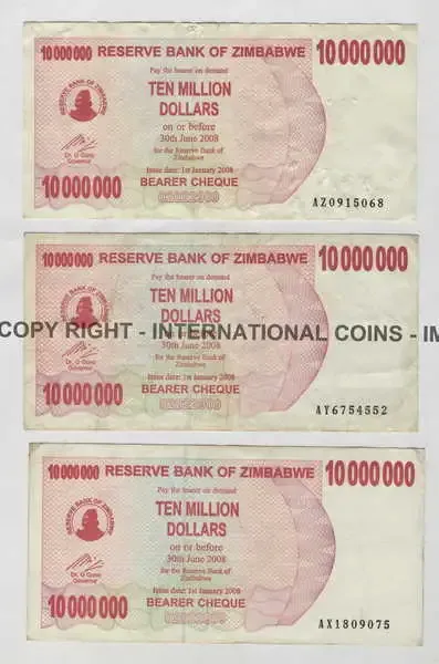 Lot of 9 Zimbabwe banknotes - Ten million dollars with prefix AR, AS, AT, AU, AV, AW ,AX, AY ,AZ!