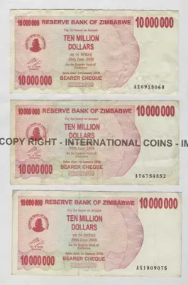 Lot of 9 Zimbabwe banknotes - Ten million dollars with prefix AR, AS, AT, AU, AV, AW ,AX, AY ,AZ!