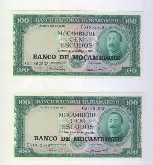 Lot of 2 Mozambique 1961 issue 100 Escudos banknotes with 2 consecutive numbers