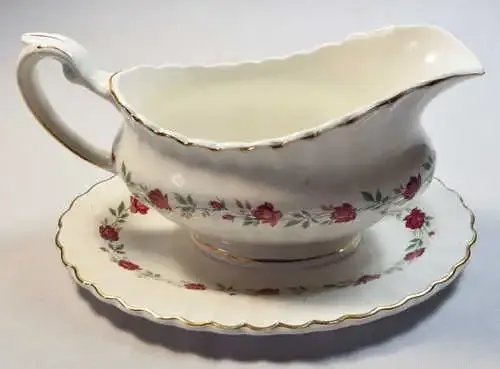 Vintage J and G Meakin classic white gravy boat with tray - Cottage style red rose