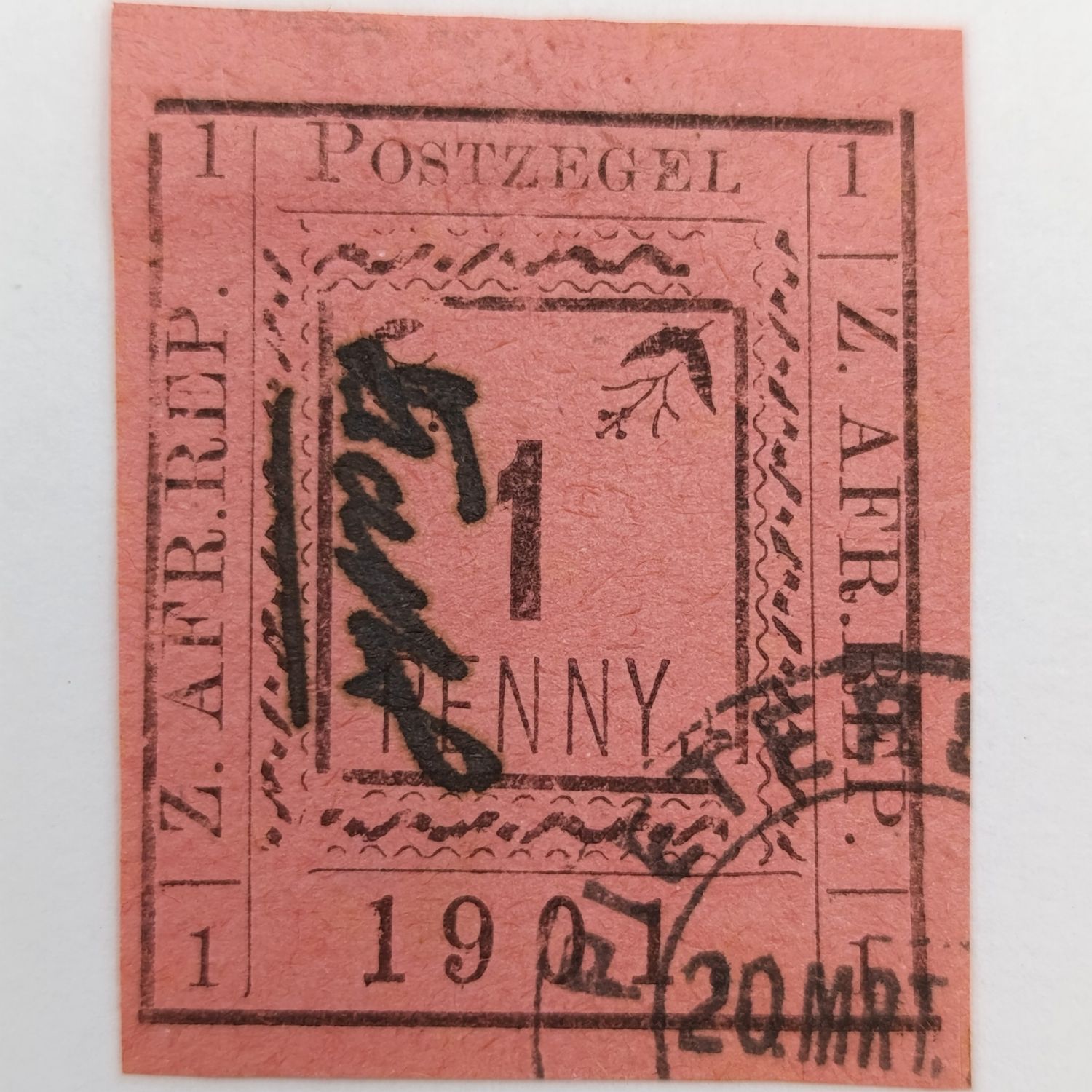 1901 ZAR Pietersburg type 1 imperforated 1 Penny stamp used on first day of issue 20 March 1901 - with missprint - no line under top left 1 - SACC 4
