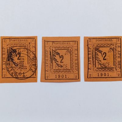 Full set of 1901 ZAR Pietersburg type 1-3 imperforate 2 Pence stamps - 1 used, 2 mint - SACC 7-9