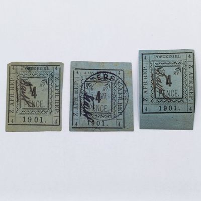 Full set of 1901 ZAR Pietersburg type 1-3 imperforate 4 Pence stamps - 1 used, 2 mint - SACC 10-12