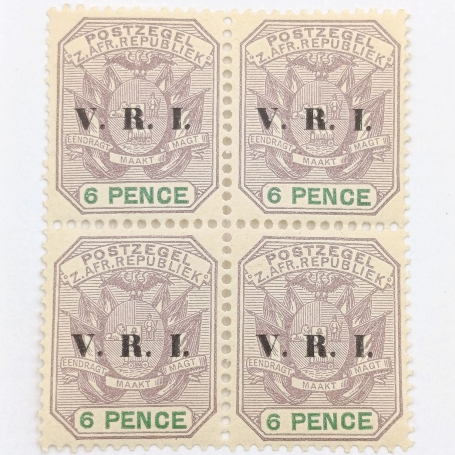 ZAR Block of 4 mint stamps 6 Pence overprinted V.R.I SACC 238