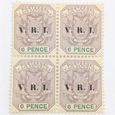 ZAR Block of 4 mint stamps 6 Pence overprinted V.R.I SACC 238