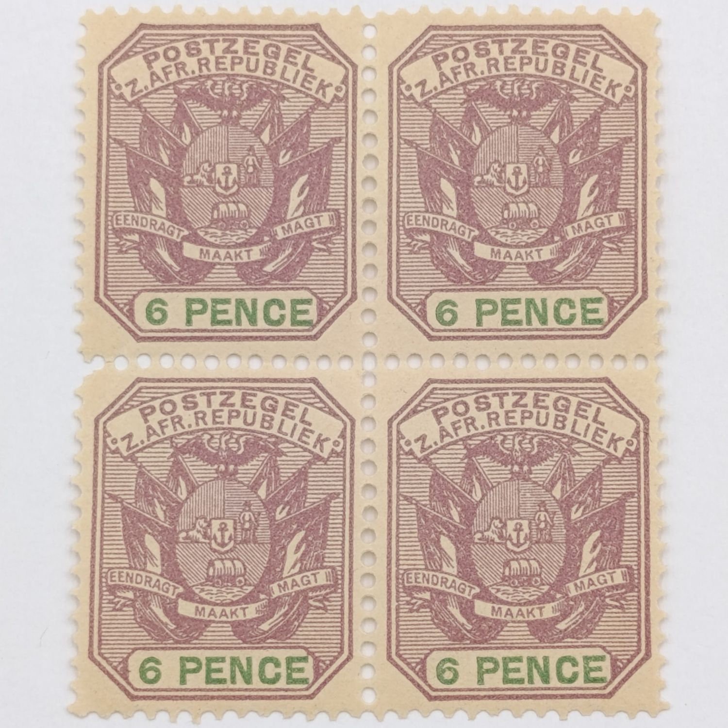 ZAR Block of 4 stamps 6 Pence mint SACC 229