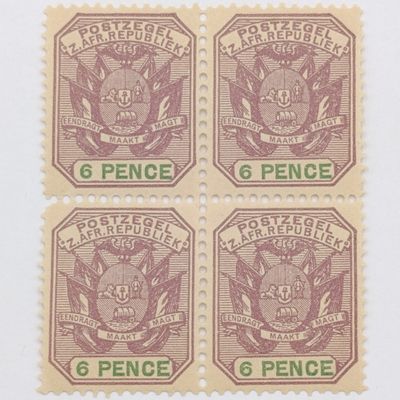 ZAR Block of 4 stamps 6 Pence mint SACC 229