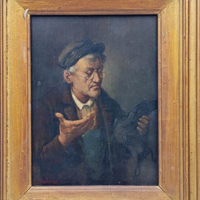 Antique Constantin Stoitzner (1863-1934) portrait painting of shoemaker - extraordinary close-up detail - some frame damage