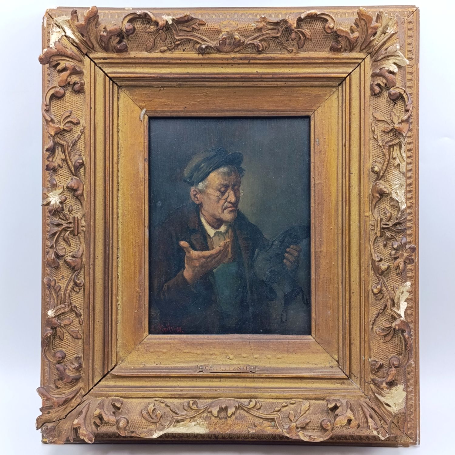 Antique Constantin Stoitzner (1863-1934) portrait painting of shoemaker - extraordinary close-up detail - some frame damage