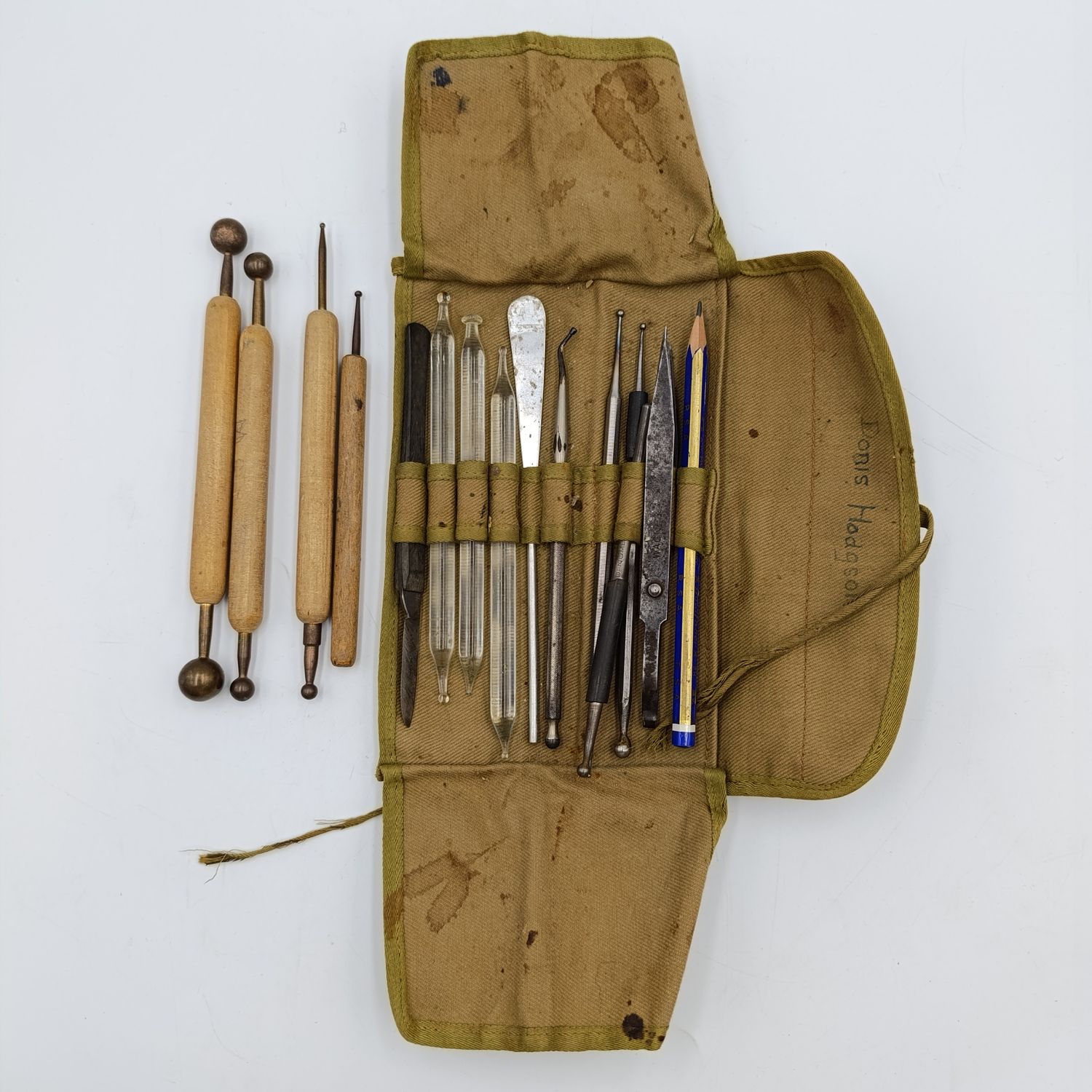 Lot of vintage clay modelling tools in pouch