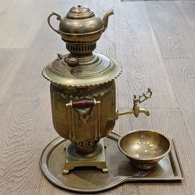Vintage brass Russian Samovar with teapot, drip ray and bowl