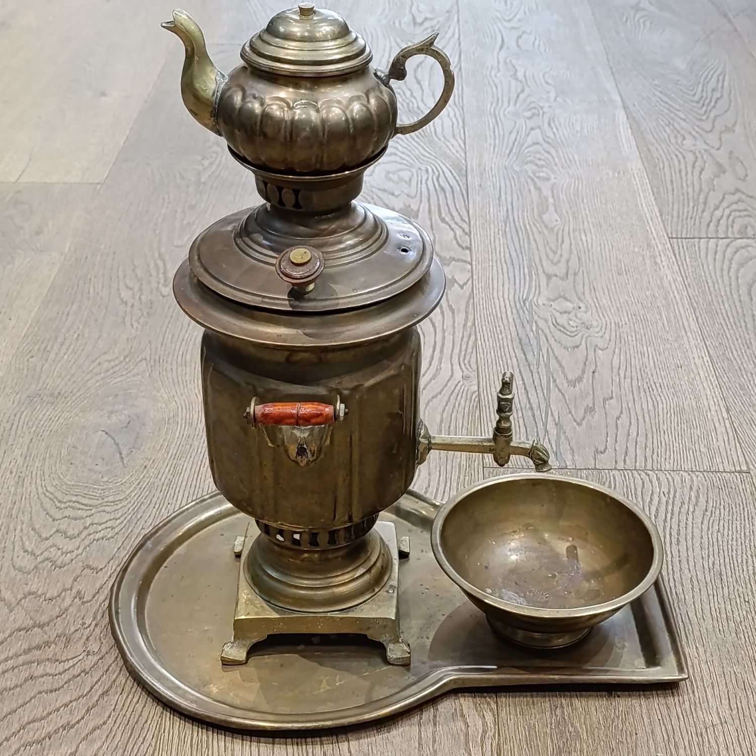 Vintage brass Russian Samover with teapot, drip tray and bowl