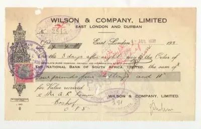 1936 Promissory note - Wilson and Company for the National bank of South Africa with tax stamp